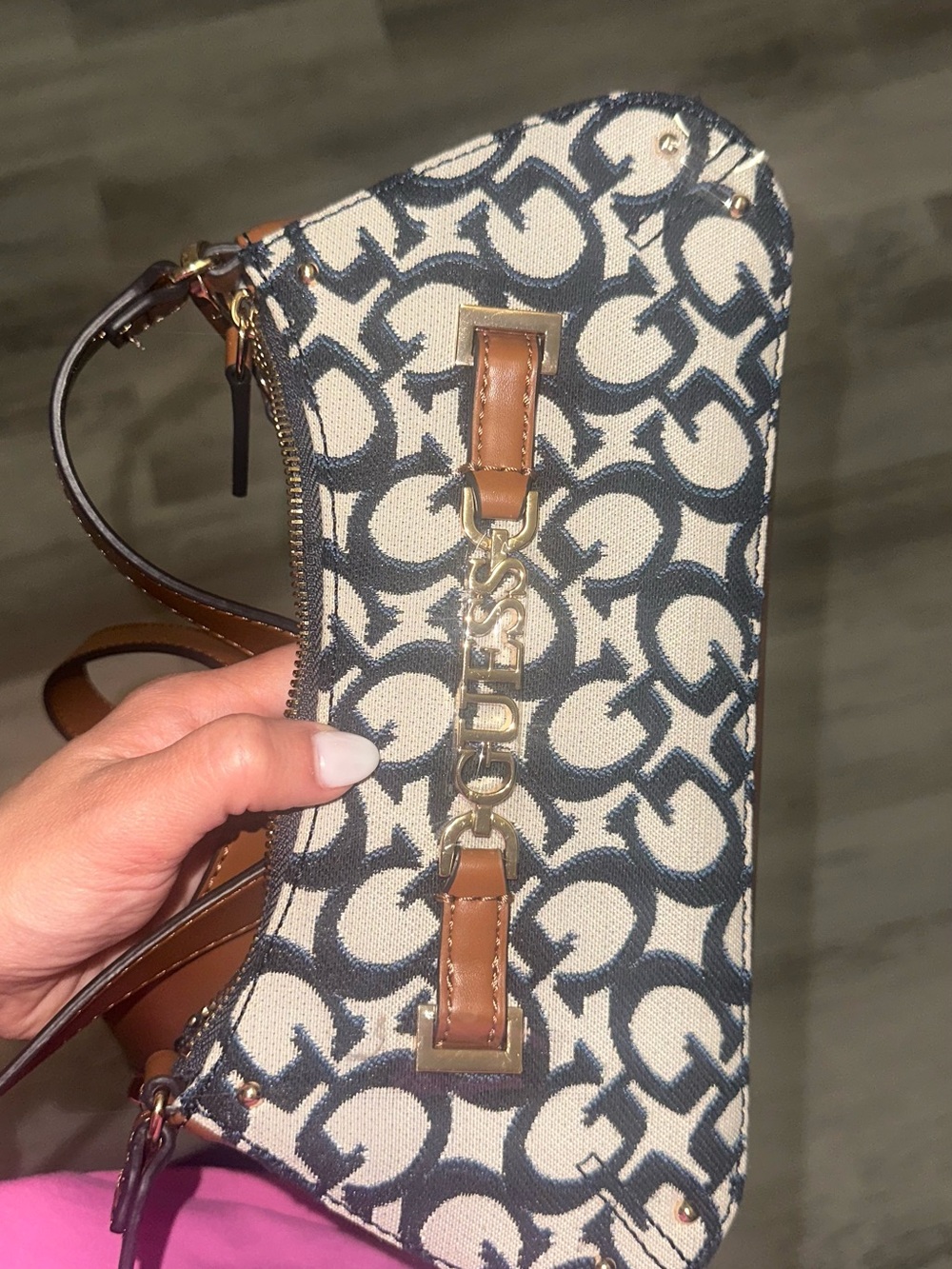 Guess Mini Jacquard Shoulder Bag in Navy, Cream & Brown with Gold Hardware
